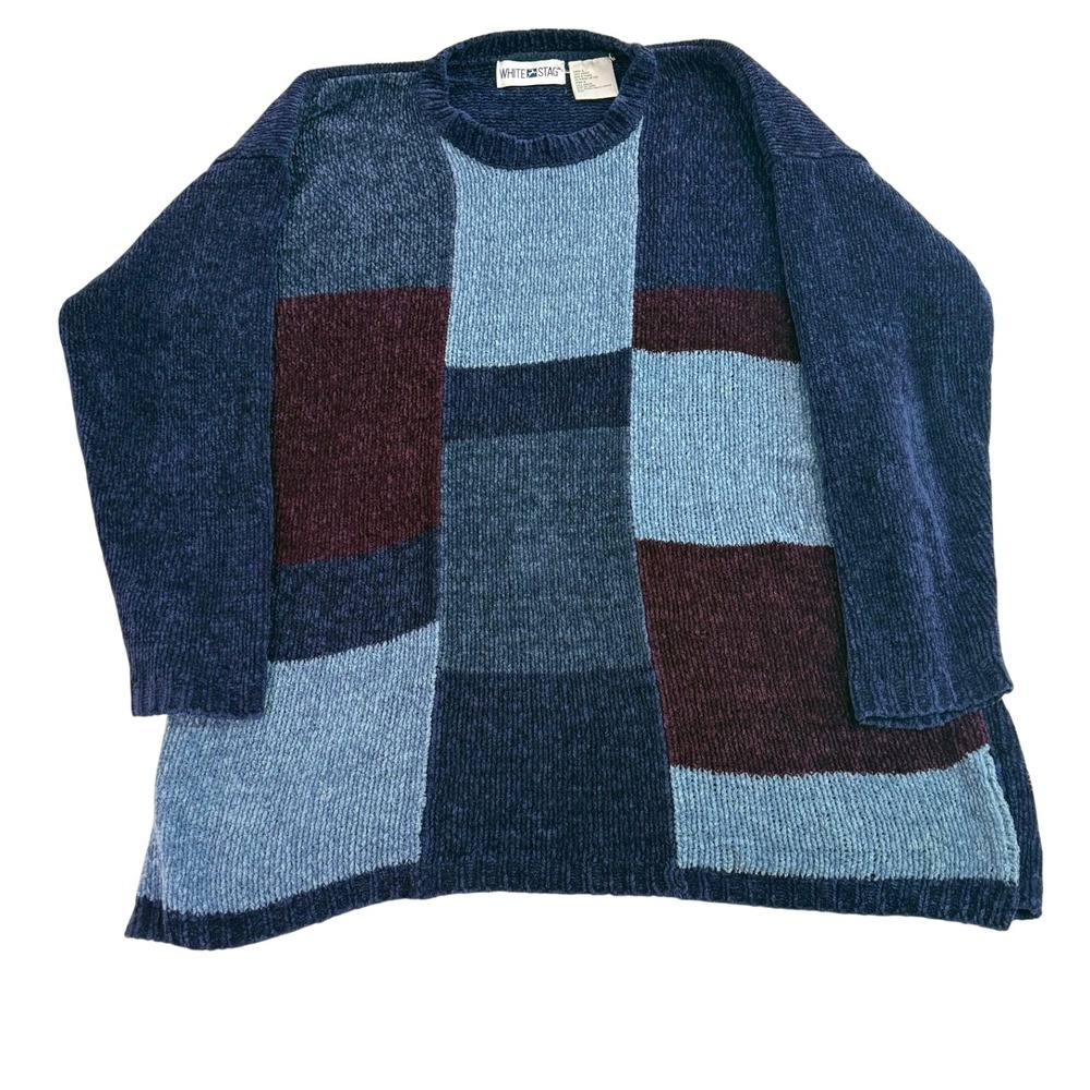 VTG White Stag 90s Color Patch Chenille Sweater Blue Burgundy Navy Womens Large